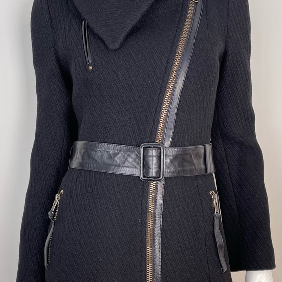 MACKAGE Funnel Neck Asymmetrical Zip Belted Wool Coat in Black - Picture 7 of 12